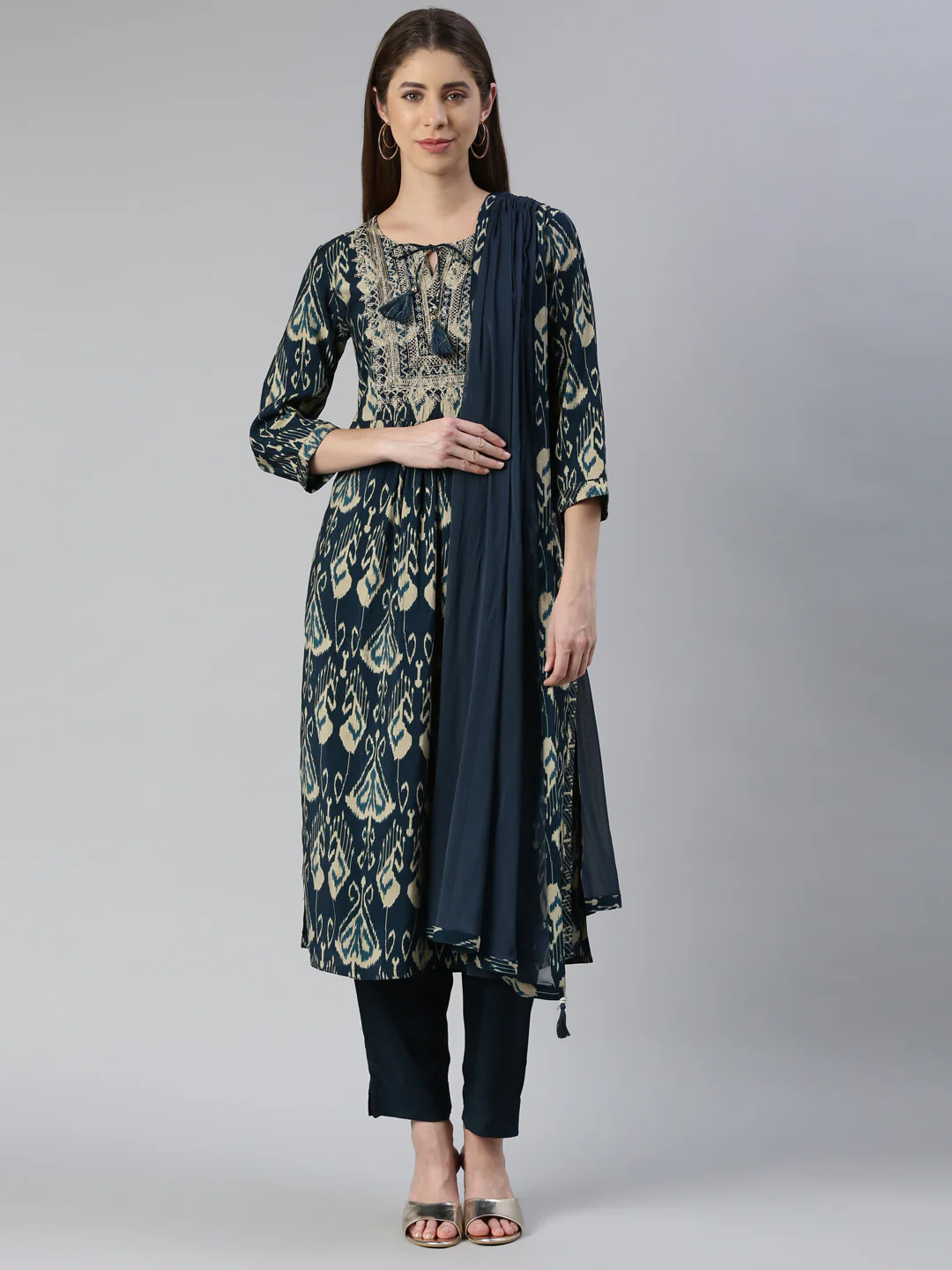 Neerus Women Peacock Yoke Design Calf Length Kurta And Trousers With Dupatta