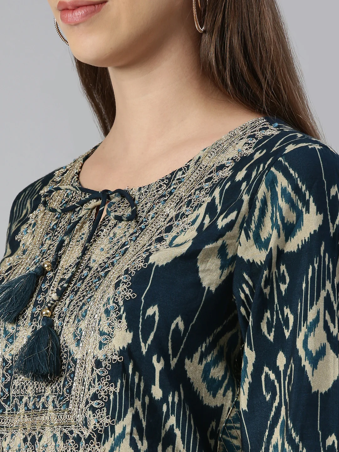 Neerus Women Peacock Yoke Design Calf Length Kurta And Trousers With Dupatta - Image 4