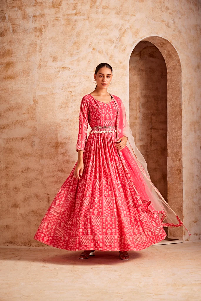 Neerus Women Pink Color Georgette Farbic Gown - Image 3