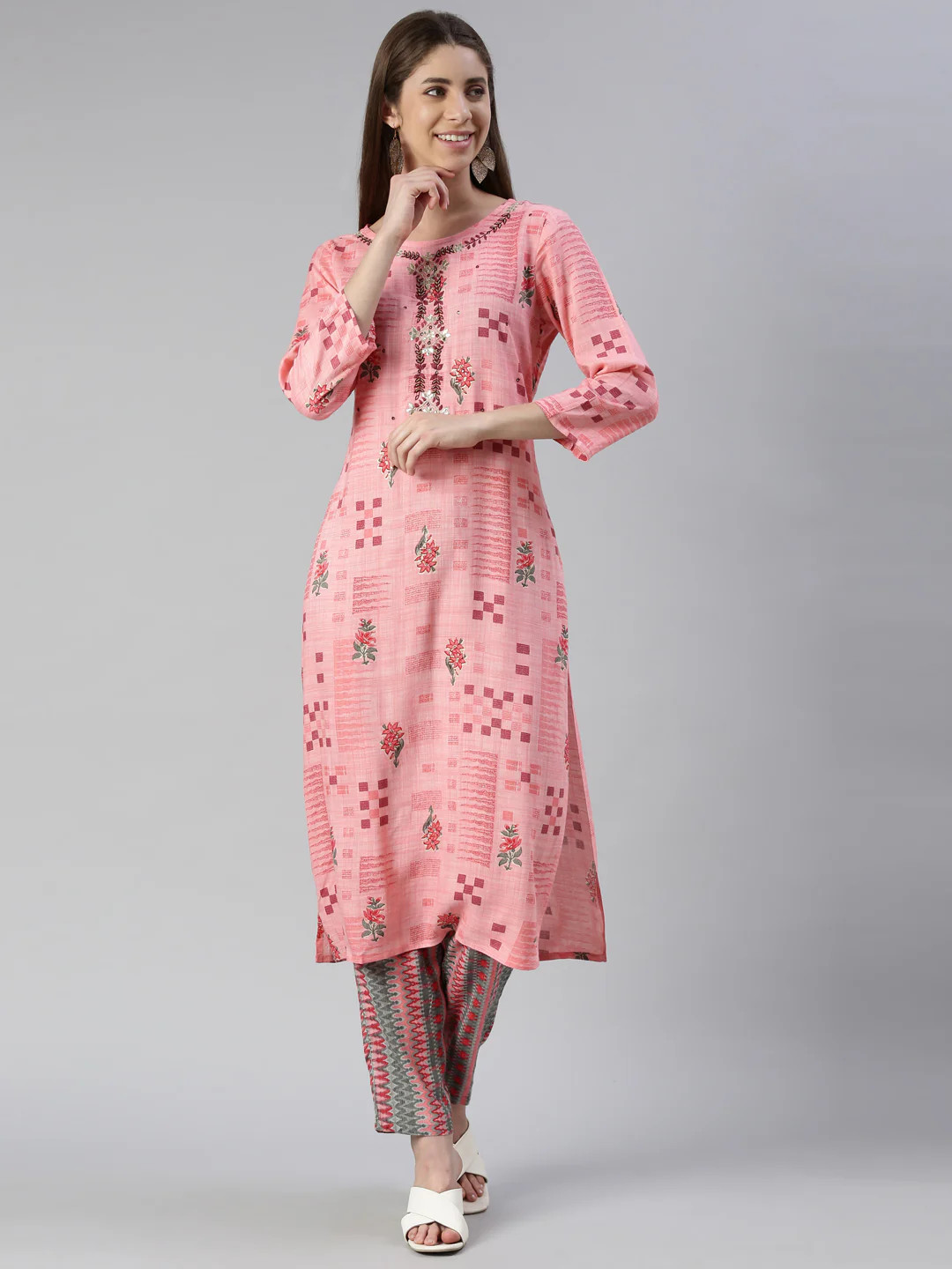 Neerus Women Pink Embroidered Calf Length Kurta And Trousers - Image 5