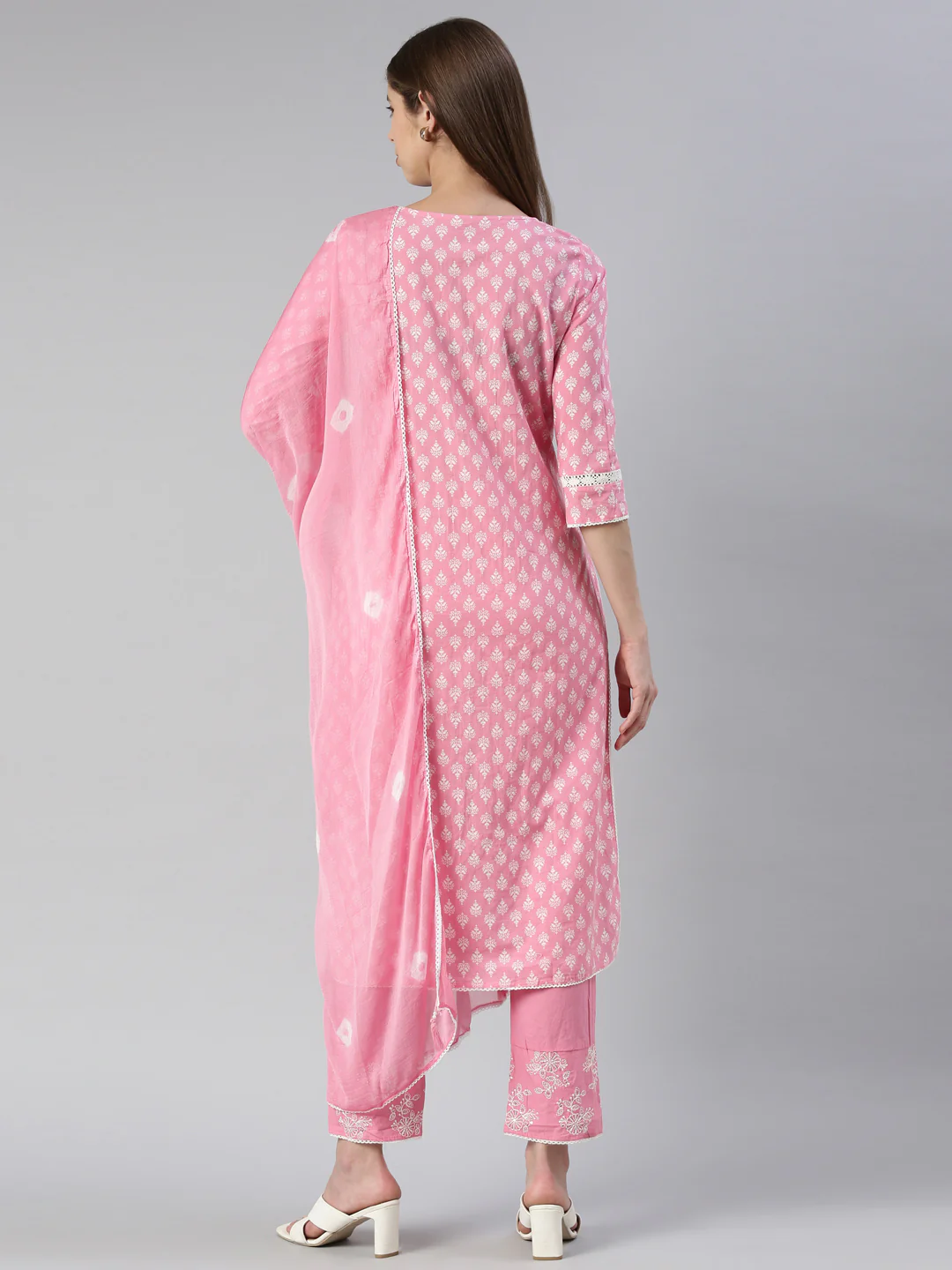 Neerus Women Pink Embroidered Calf Length Kurta And Trousers With Dupatta - Image 3
