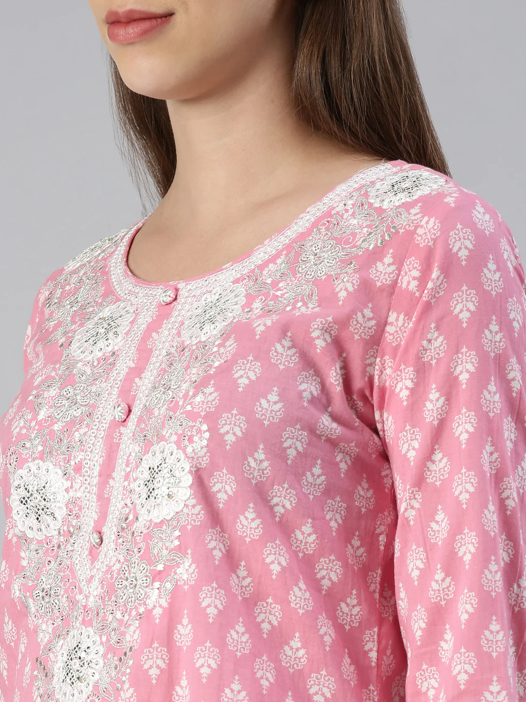 Neerus Women Pink Embroidered Calf Length Kurta And Trousers With Dupatta - Image 4