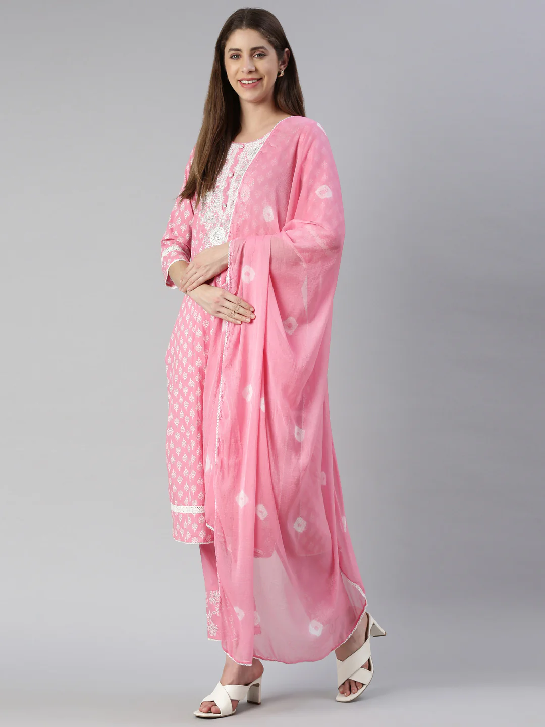 Neerus Women Pink Embroidered Calf Length Kurta And Trousers With Dupatta - Image 5