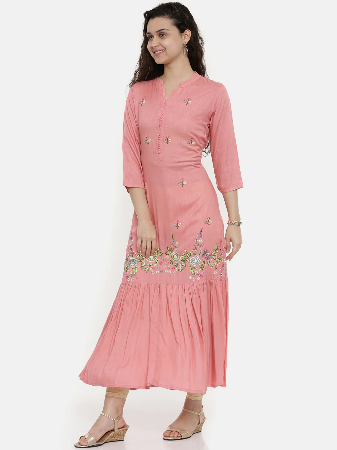 Neerus Women Pink Embroidered Straight Kurta - Image 4