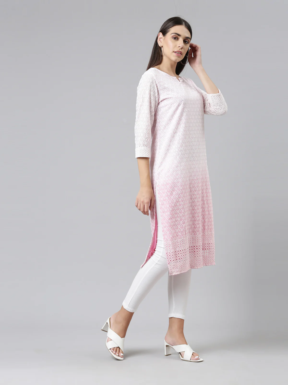 Neerus Women Pink Ethnic Motifs Embroidered Chikankari Kurta - Image 4