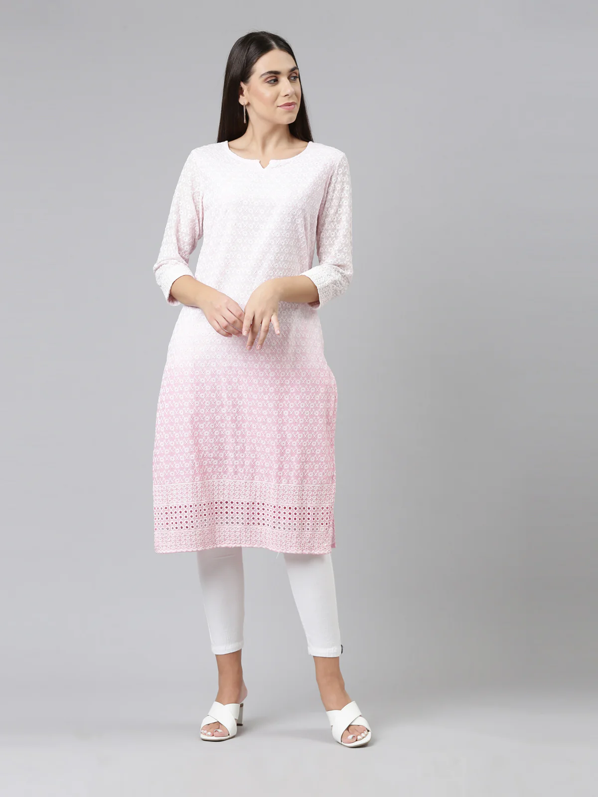 Neerus Women Pink Ethnic Motifs Embroidered Chikankari Kurta - Image 6