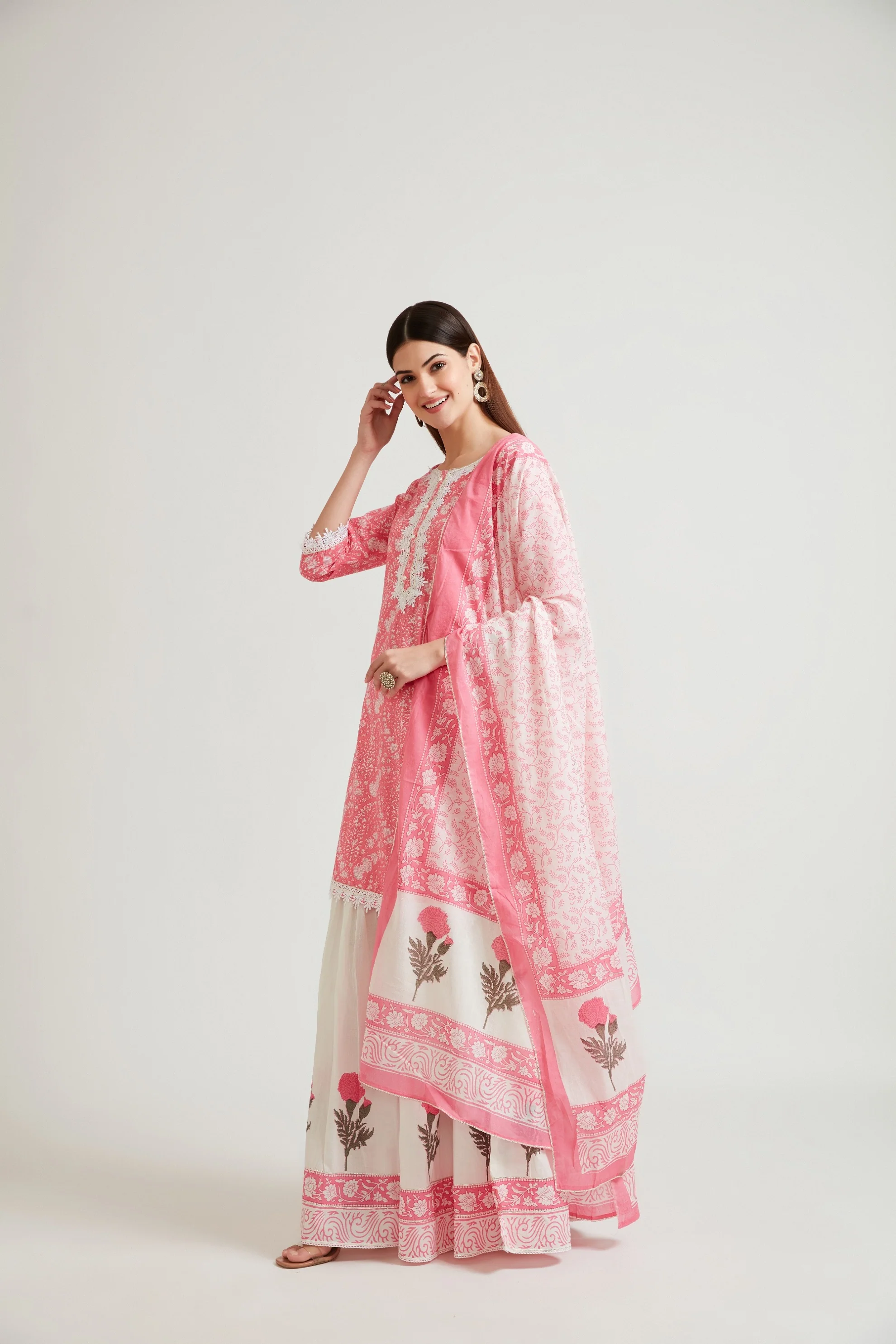 Neerus Women Pink Ethnic Motifs Embroidered Kurta with Sharara With Dupatta - Image 2