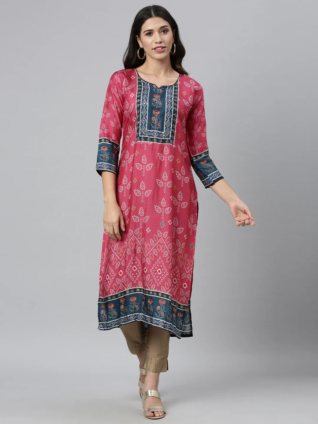 Neerus Women Pink  Navy Blue Ethnic Motifs Printed Kurta