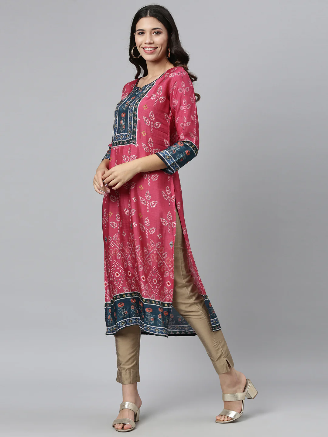 Neerus Women Pink  Navy Blue Ethnic Motifs Printed Kurta - Image 2