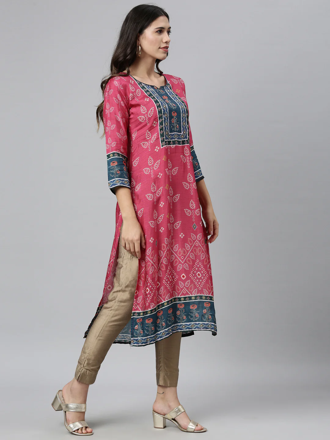 Neerus Women Pink  Navy Blue Ethnic Motifs Printed Kurta - Image 3