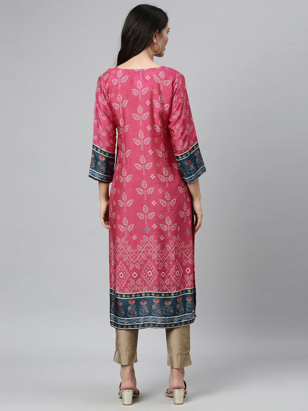 Neerus Women Pink  Navy Blue Ethnic Motifs Printed Kurta - Image 4