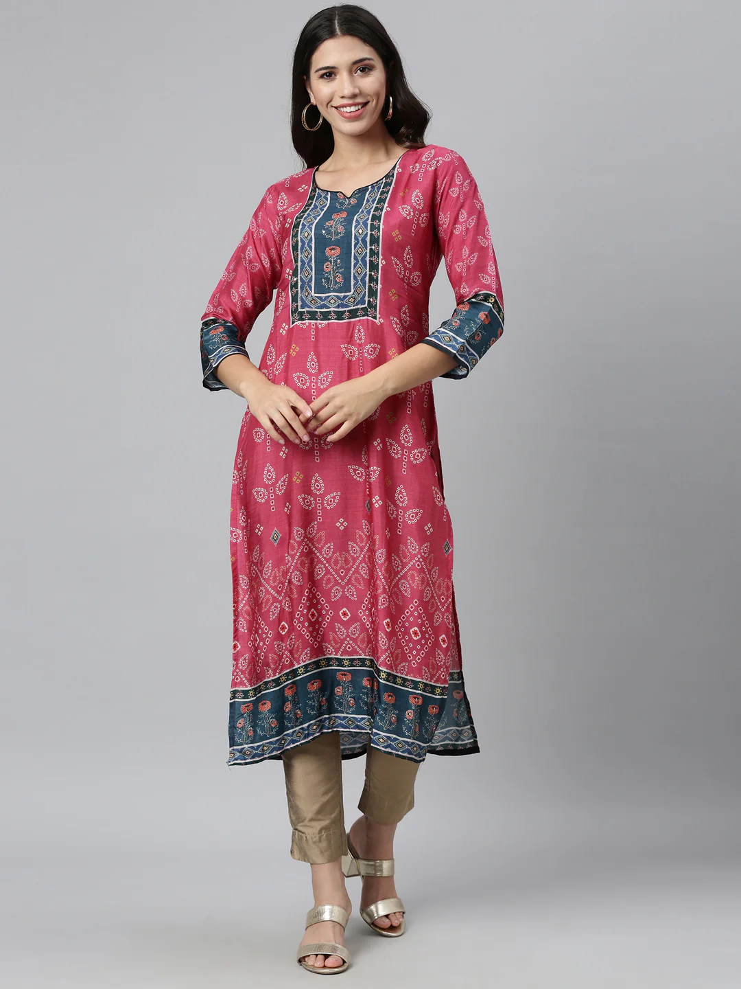 Neerus Women Pink  Navy Blue Ethnic Motifs Printed Kurta - Image 6