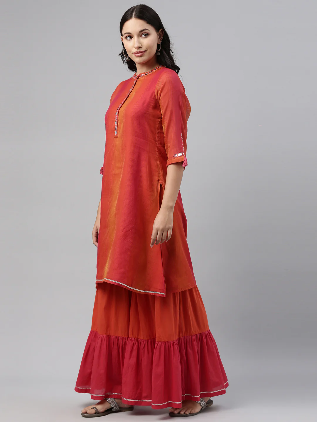 Neerus Women Pink Pleated Chanderi Silk Kurta with Sharara - Image 2