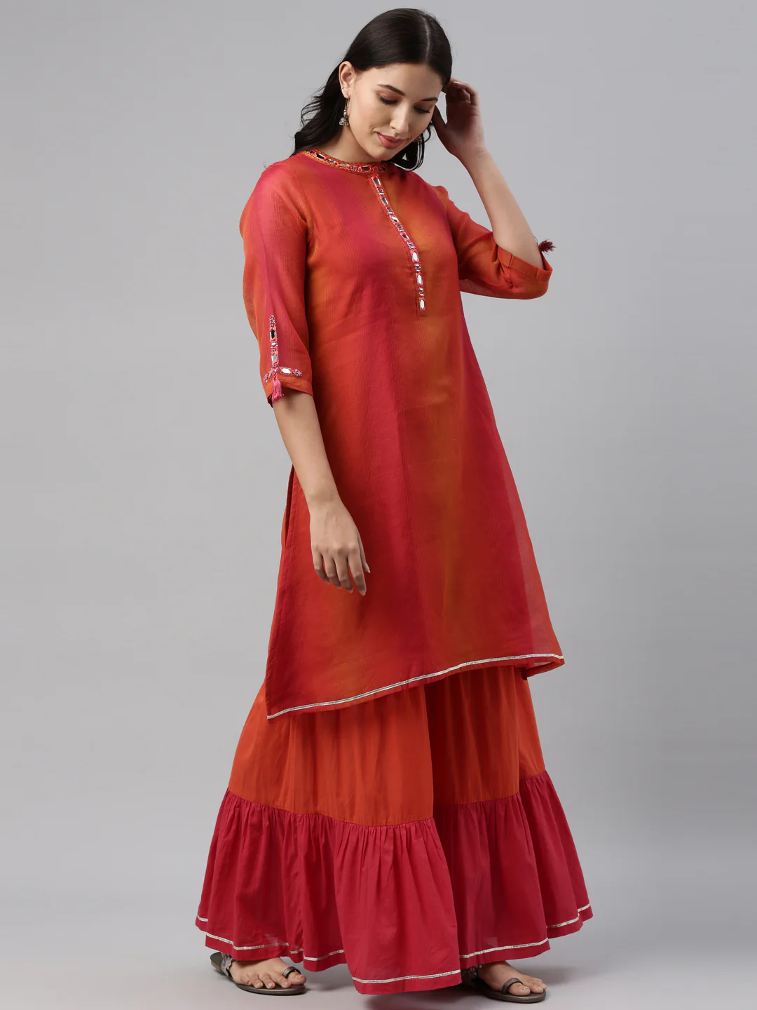 Neerus Women Pink Pleated Chanderi Silk Kurta with Sharara - Image 3