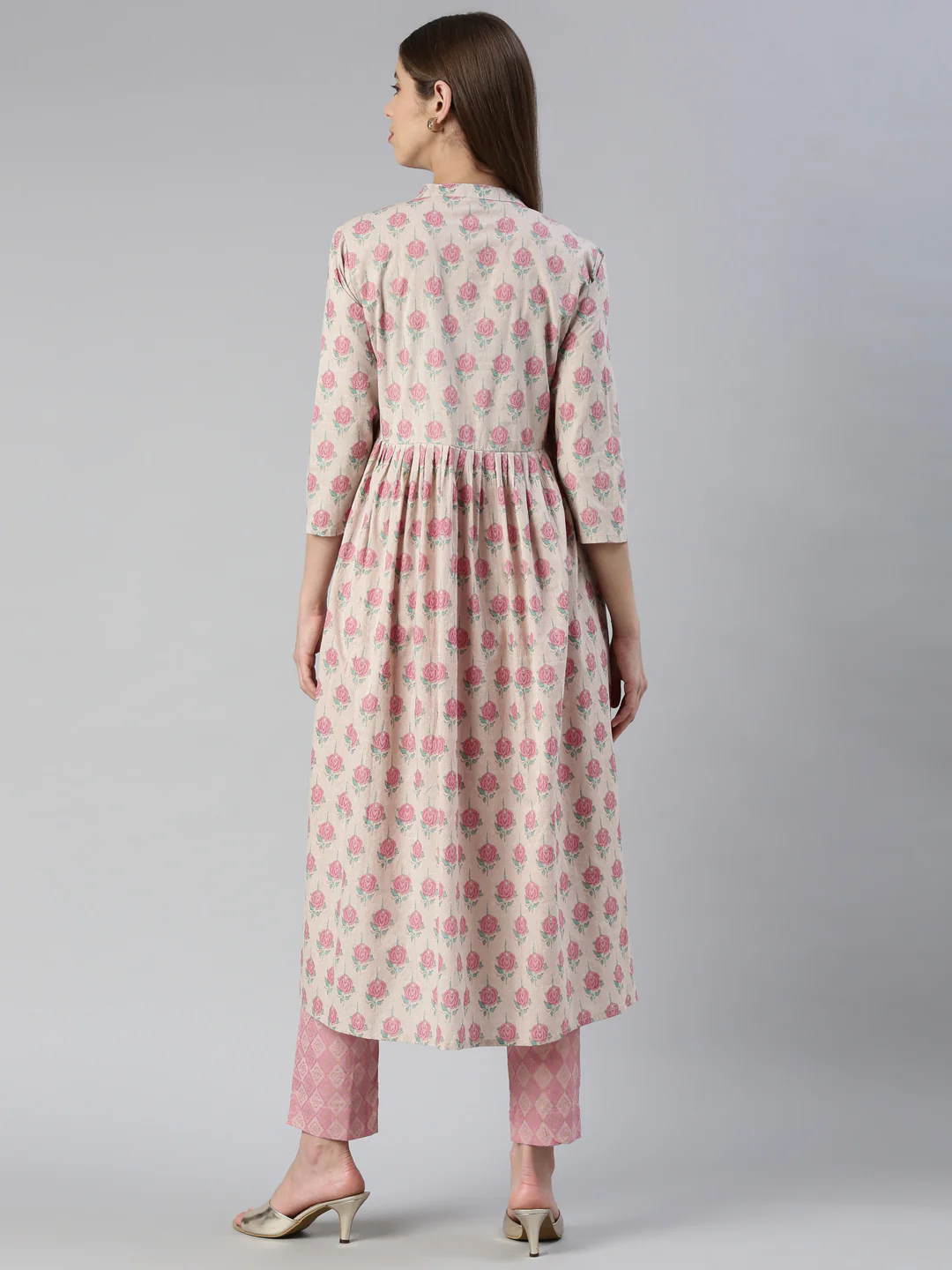 Neerus Women Pink Printed Calf Length Kurta And Trousers - Image 3
