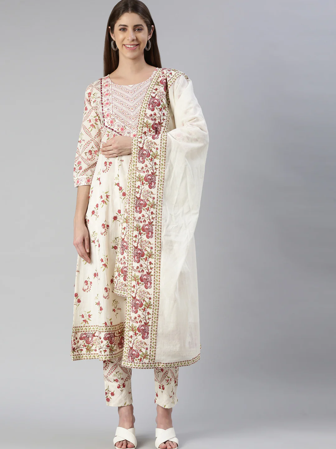 Neerus Women Pink Printed Calf Length Kurta And Trousers With Dupatta