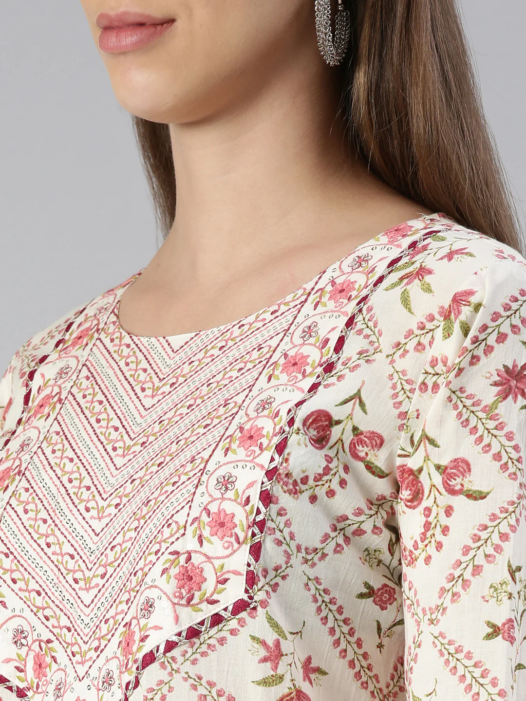Neerus Women Pink Printed Calf Length Kurta And Trousers With Dupatta - Image 4