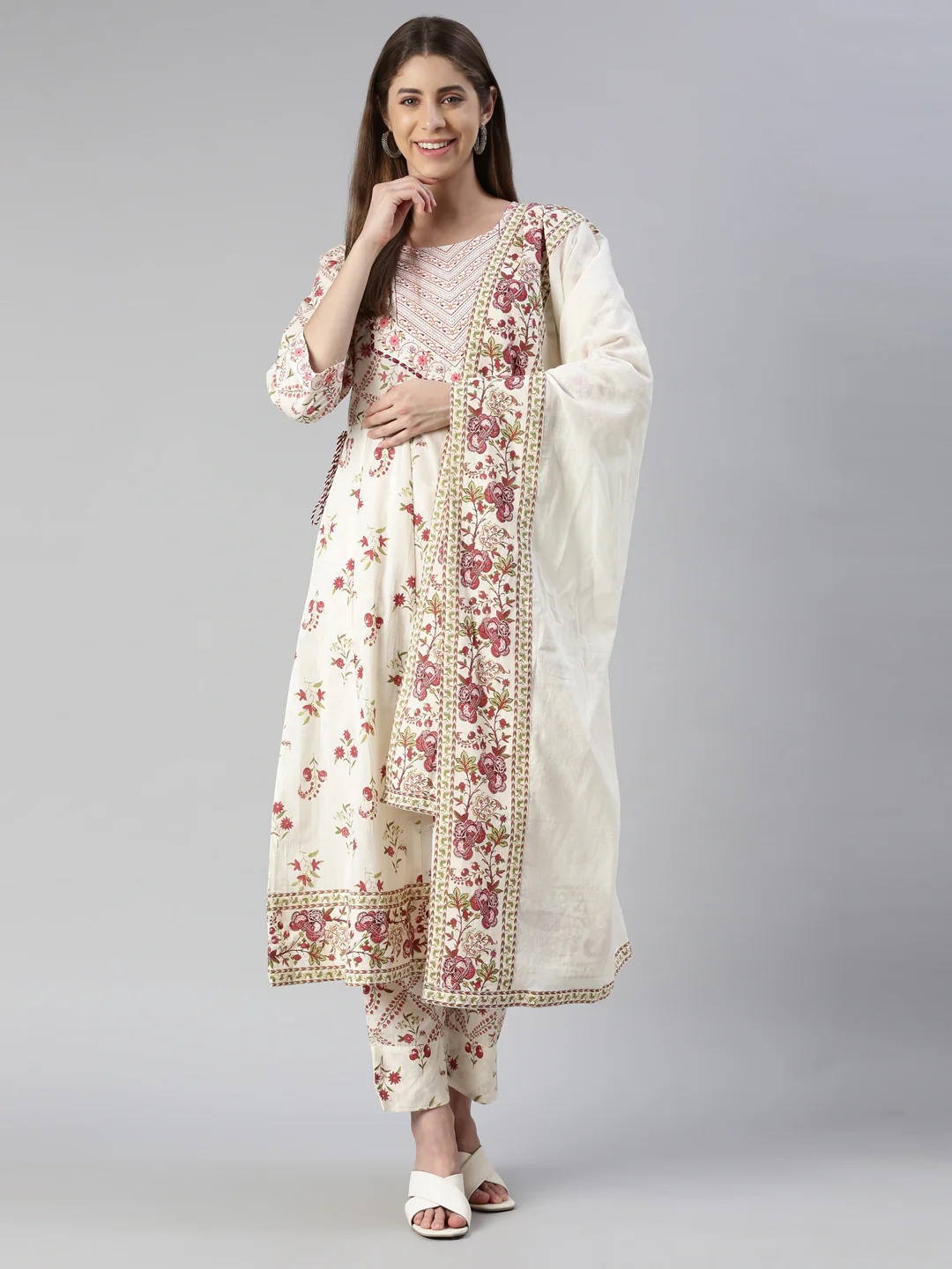 Neerus Women Pink Printed Calf Length Kurta And Trousers With Dupatta - Image 5