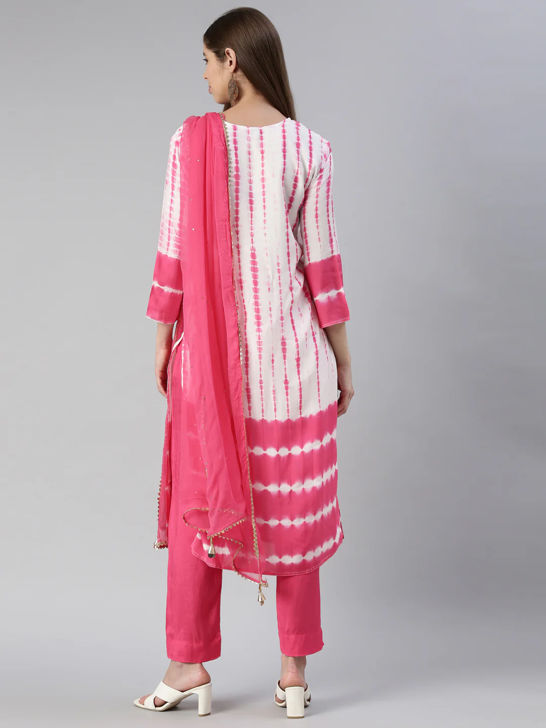 Neerus Women Pink Printed Calf Length Kurta And Trousers With Dupatta - Image 3