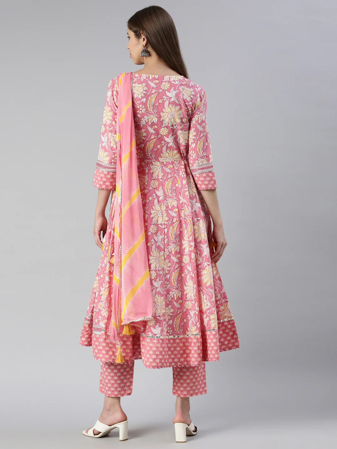 Neerus Women Pink Printed Calf Length Kurta And Trousers With Dupatta - Image 3