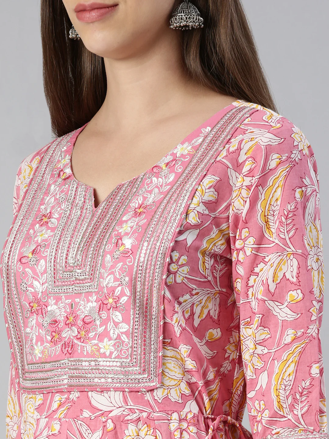 Neerus Women Pink Printed Calf Length Kurta And Trousers With Dupatta - Image 4