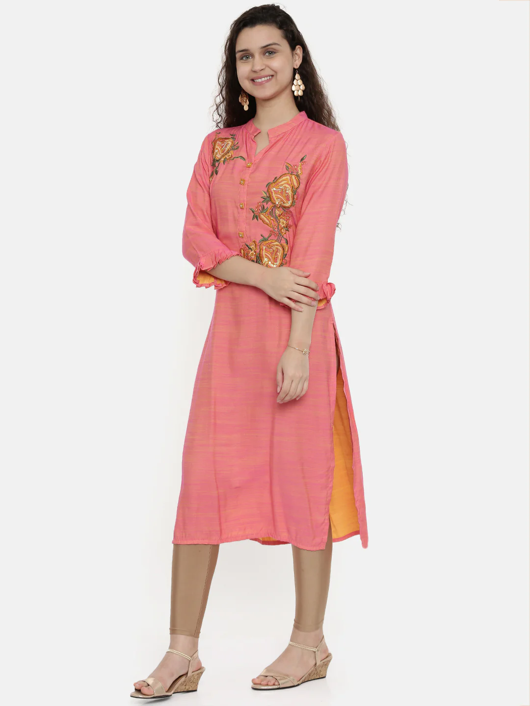 Neerus Women Pink Solid Straight Kurta With Embroidery Detail - Image 4
