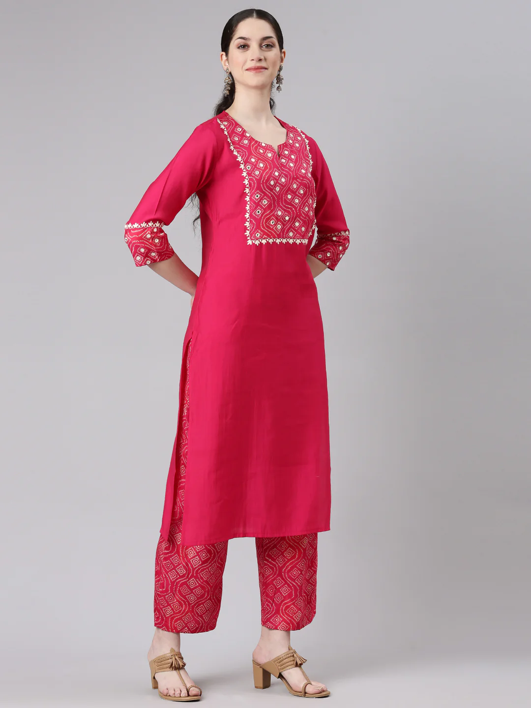 Neerus Women Pink Straight Kurta and Palazzos - Image 2
