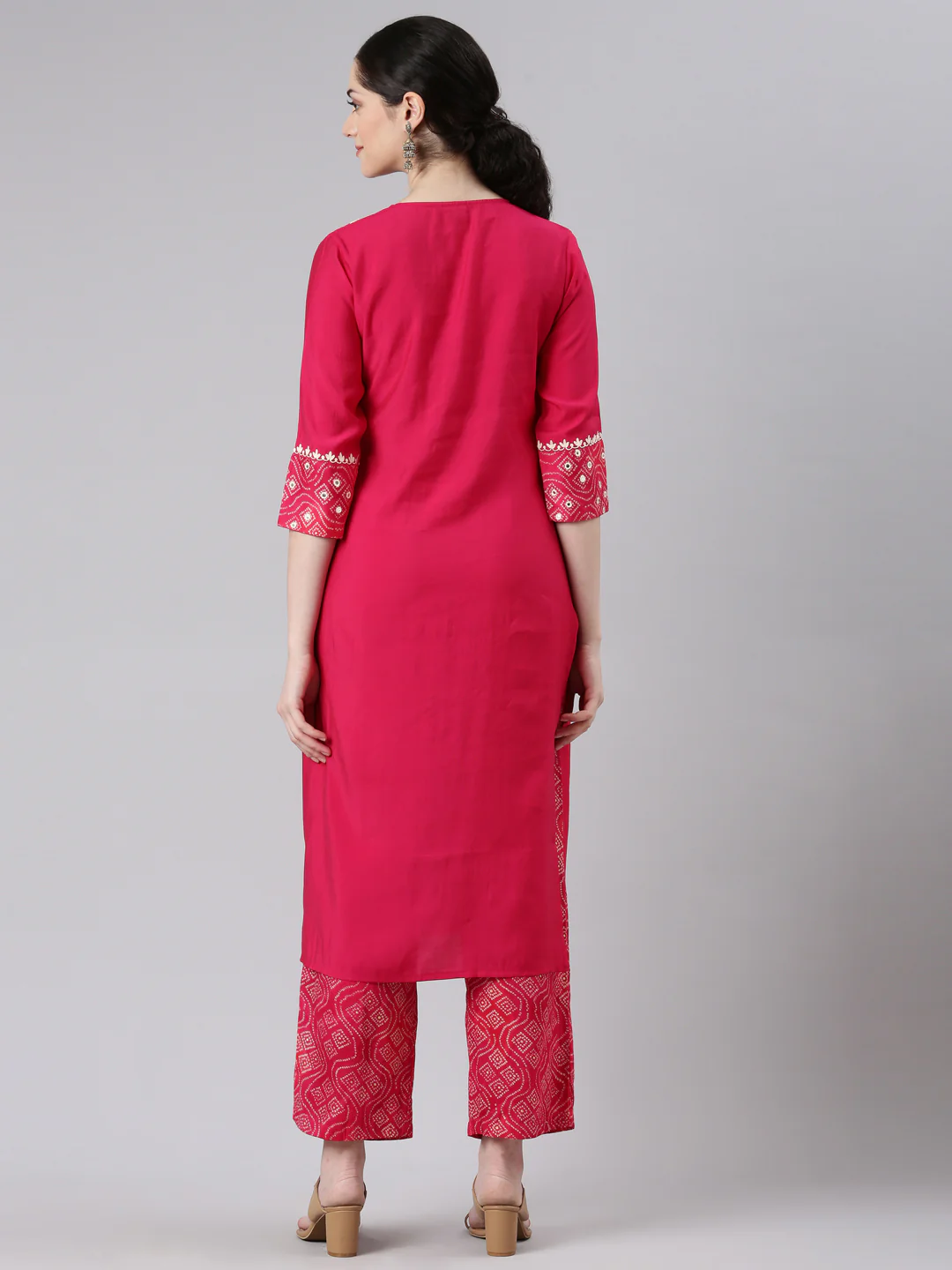Neerus Women Pink Straight Kurta and Palazzos - Image 3