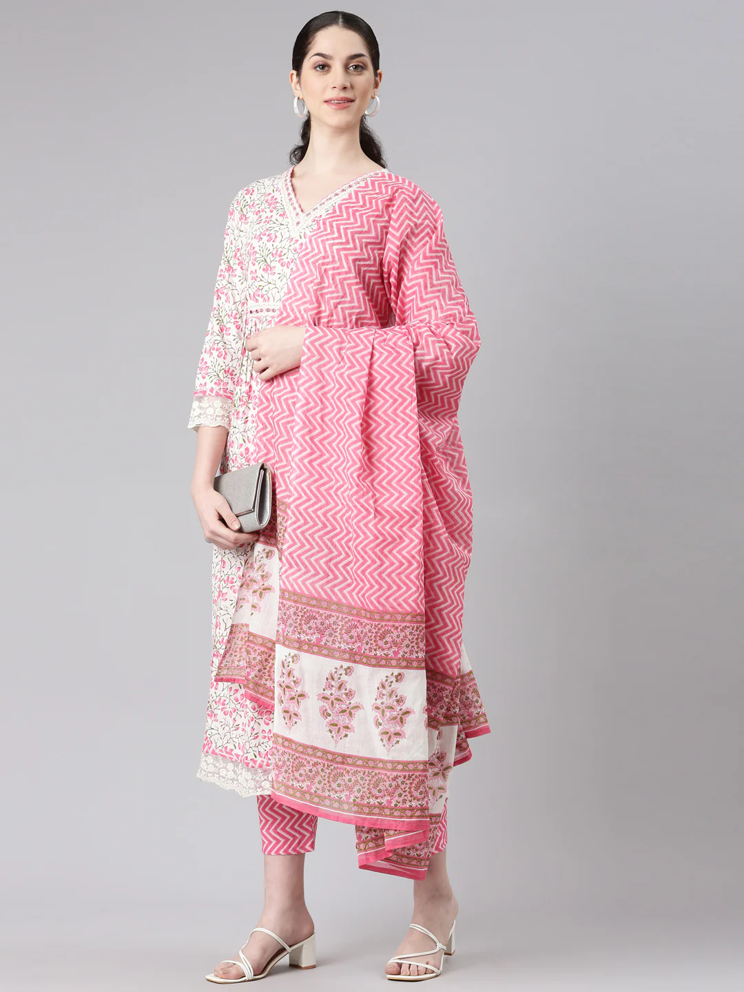 Neerus Women Pink Straight Kurta and Trousers With Dupatta - Image 5