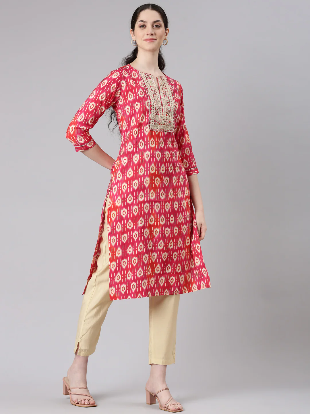 Neerus Women Pink Straight Kurta and Trousers With Dupatta - Image 2