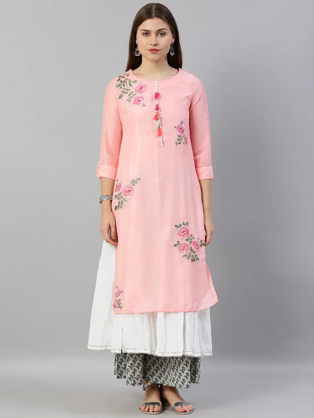 Neerus Women Pink White Floral Embroidered Layered A-Line Kurta