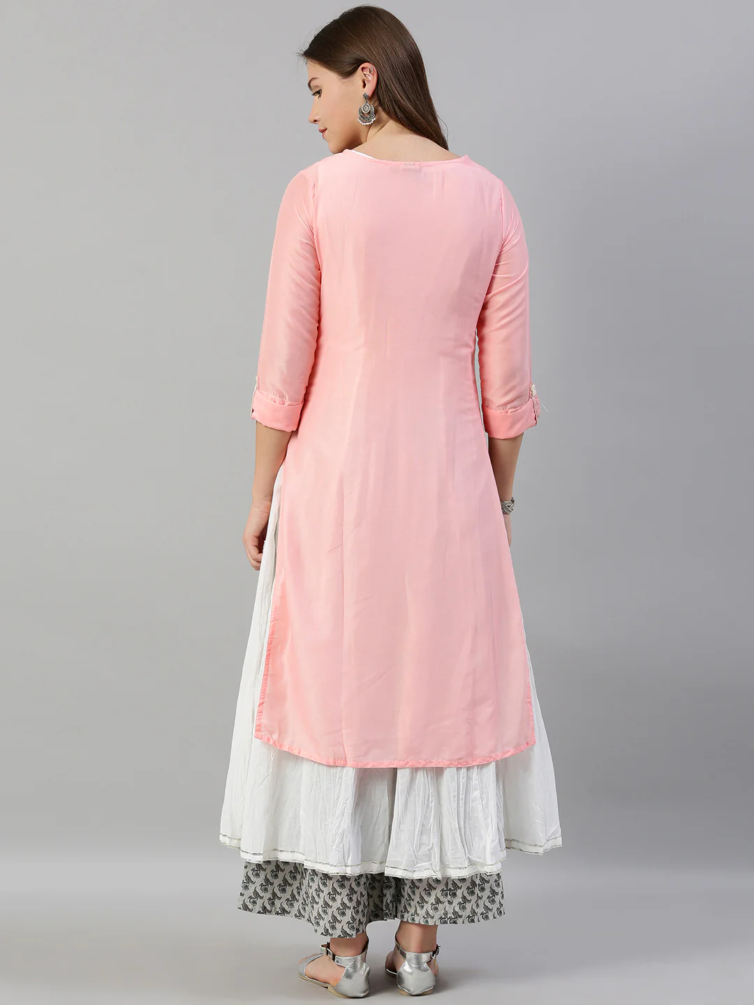 Neerus Women Pink White Floral Embroidered Layered A-Line Kurta - Image 4