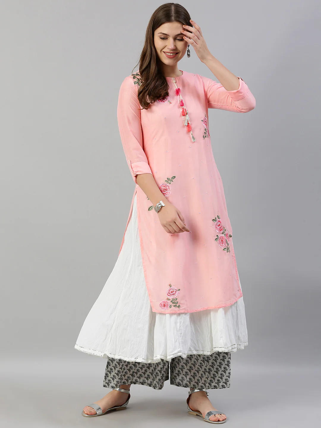 Neerus Women Pink White Floral Embroidered Layered A-Line Kurta - Image 5