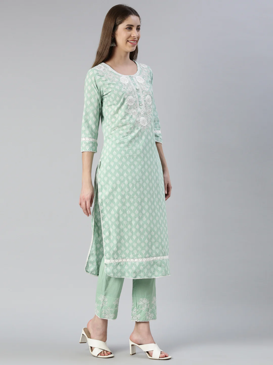 Neerus Women Pista Embroidered Calf Length Kurta And Trousers With Dupatta - Image 2