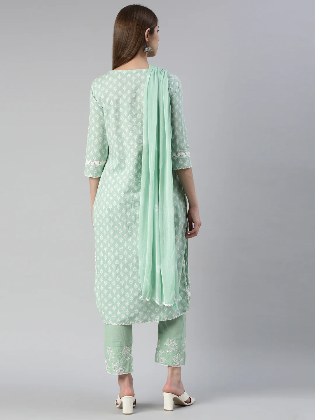 Neerus Women Pista Embroidered Calf Length Kurta And Trousers With Dupatta - Image 3