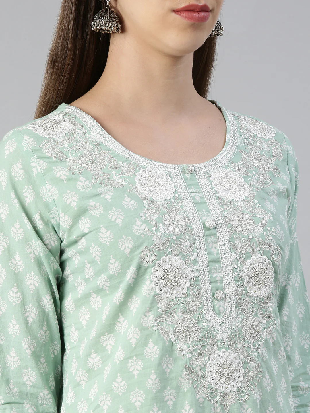 Neerus Women Pista Embroidered Calf Length Kurta And Trousers With Dupatta - Image 4