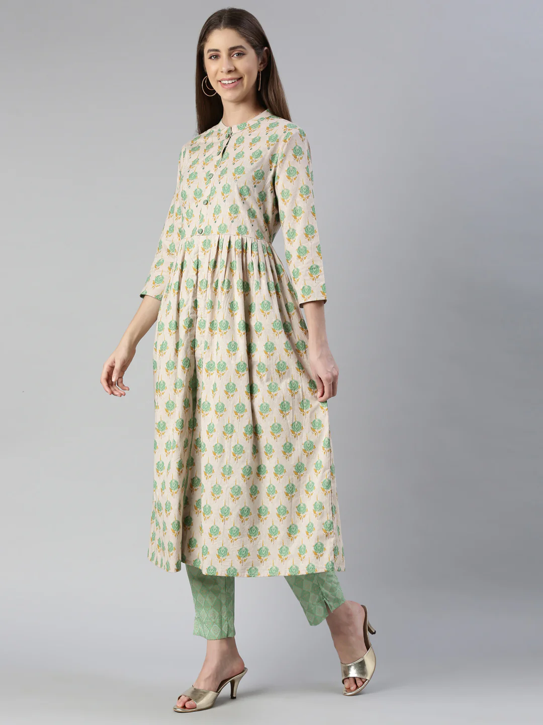 Neerus Women Pista Printed Calf Length Kurta And Trousers - Image 2
