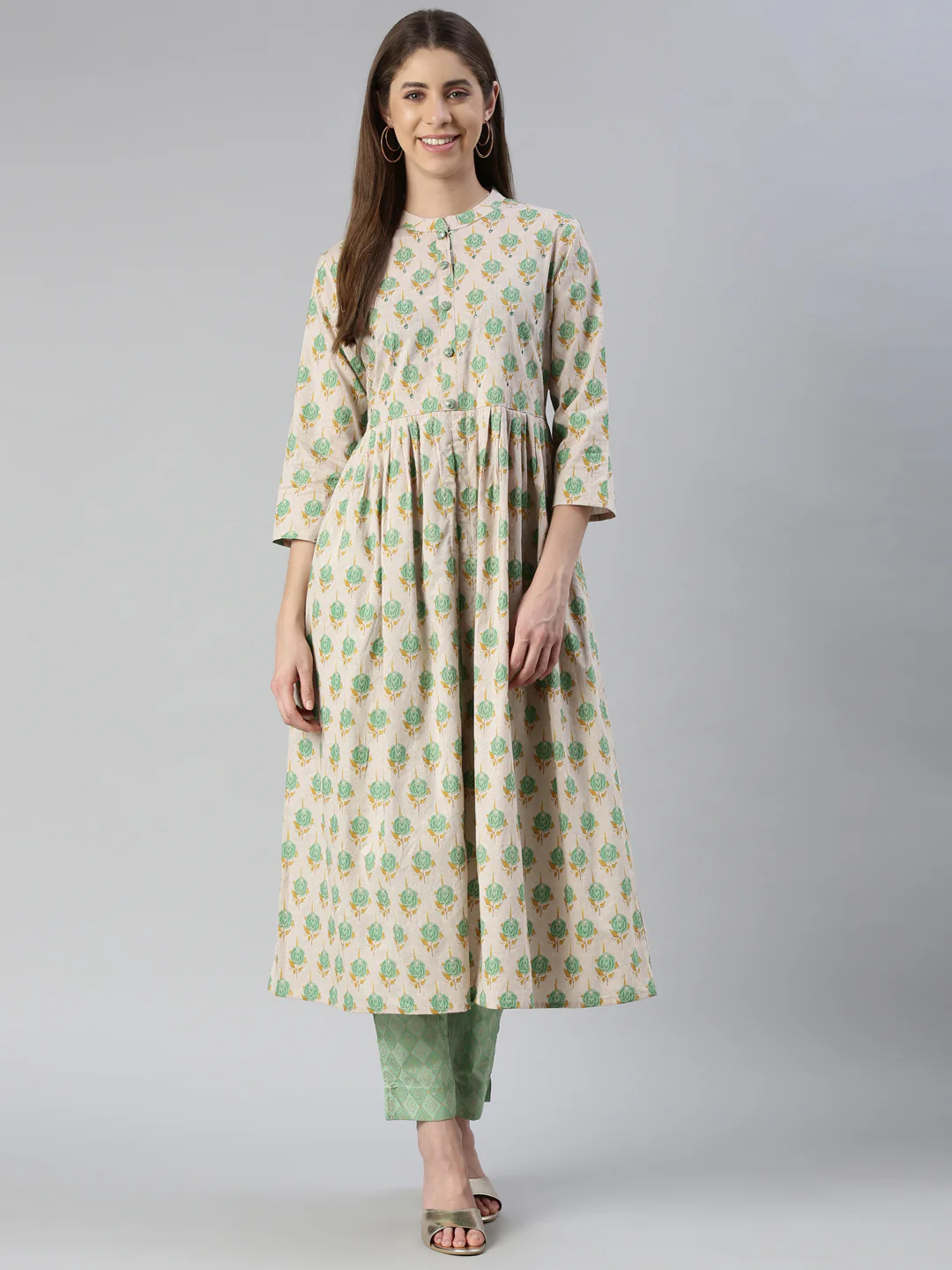 Neerus Women Pista Printed Calf Length Kurta And Trousers - Image 5