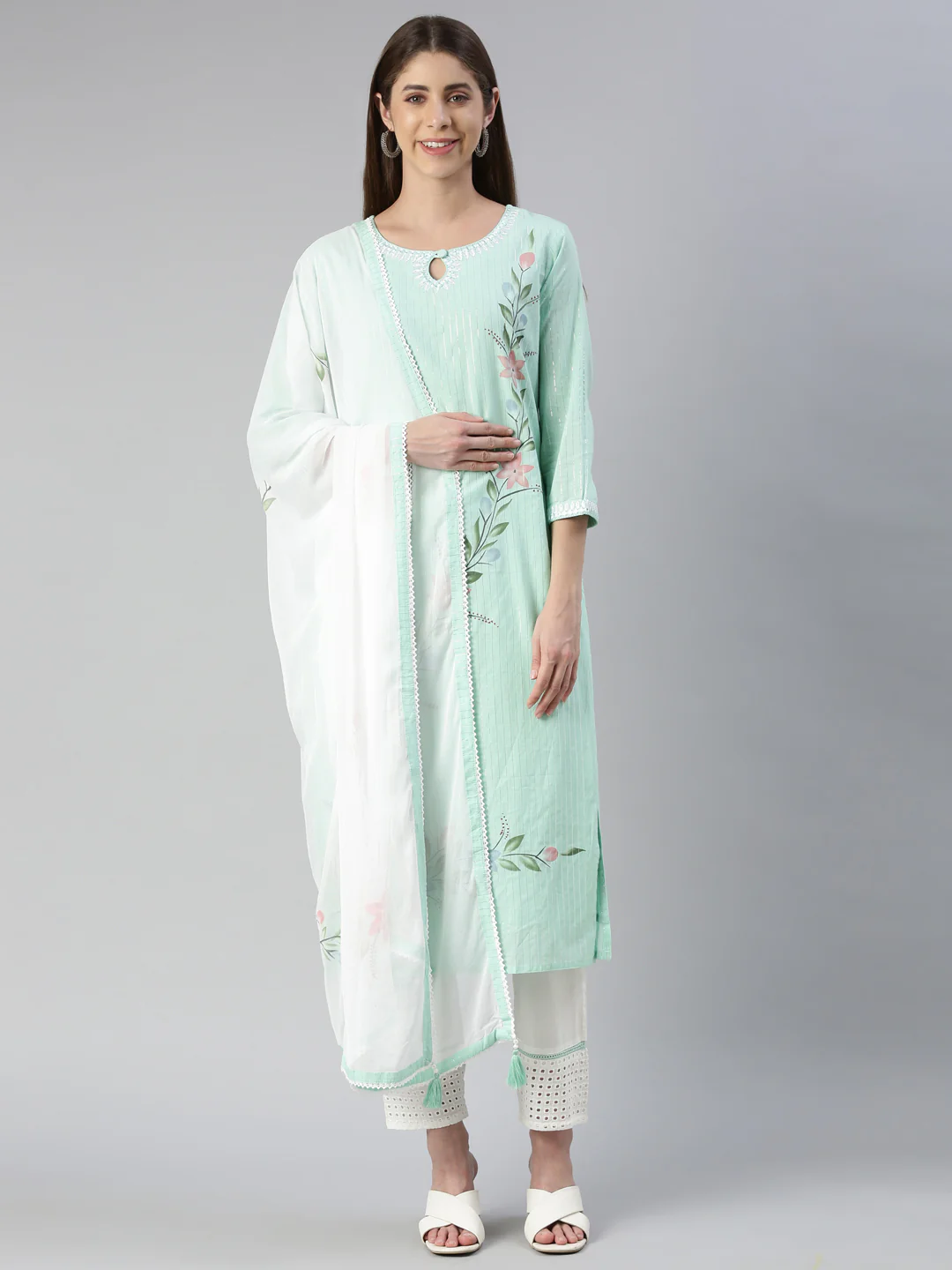 Neerus Women Pista Printed Calf Length Kurta And Trousers With Dupatta