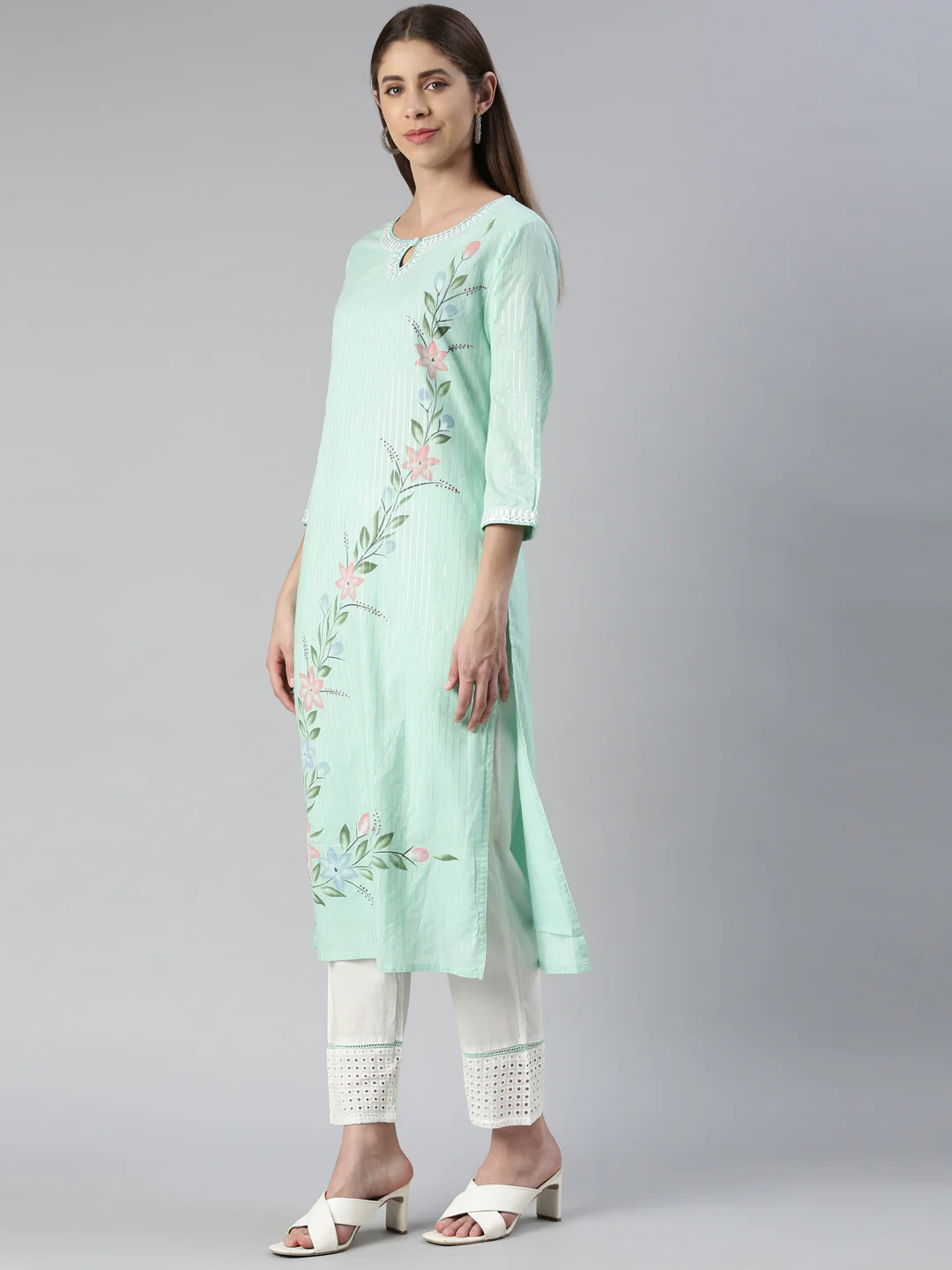 Neerus Women Pista Printed Calf Length Kurta And Trousers With Dupatta - Image 2