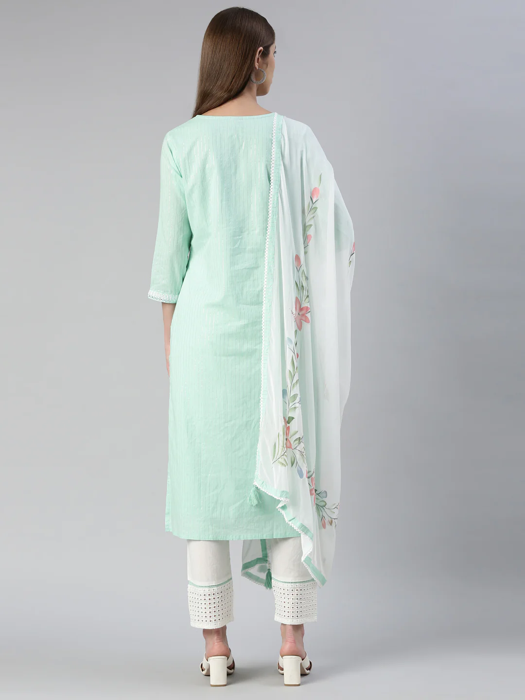 Neerus Women Pista Printed Calf Length Kurta And Trousers With Dupatta - Image 3
