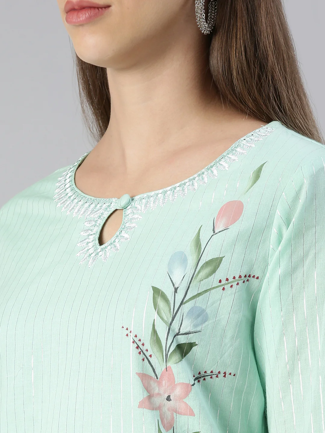 Neerus Women Pista Printed Calf Length Kurta And Trousers With Dupatta - Image 4