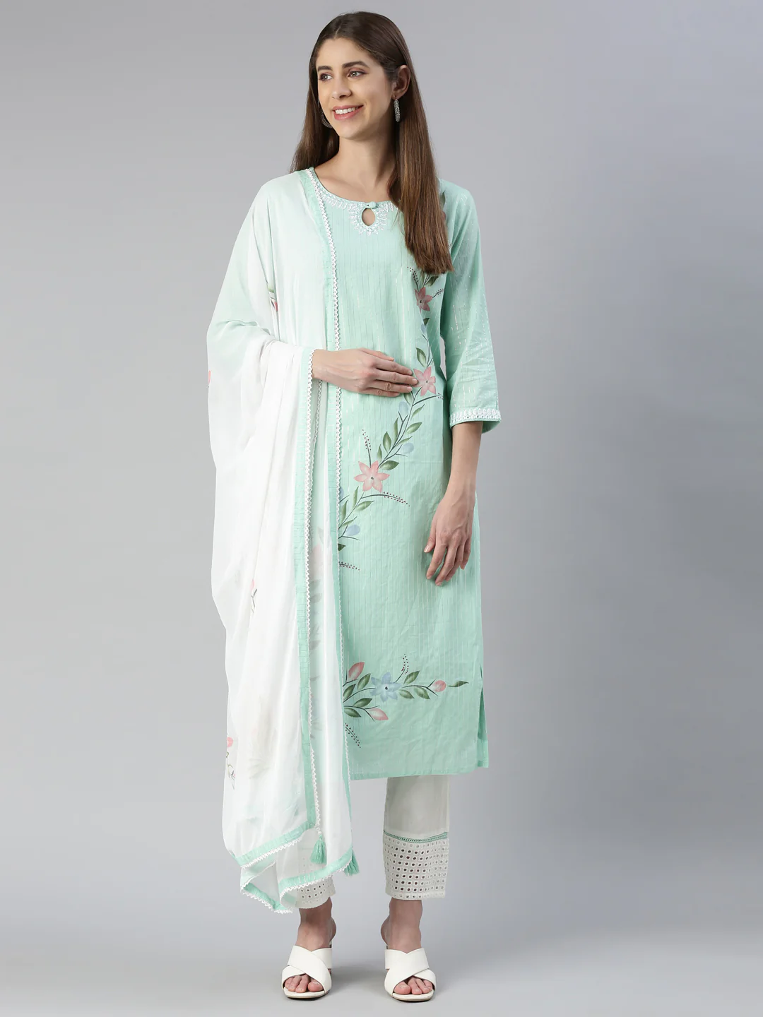 Neerus Women Pista Printed Calf Length Kurta And Trousers With Dupatta - Image 5
