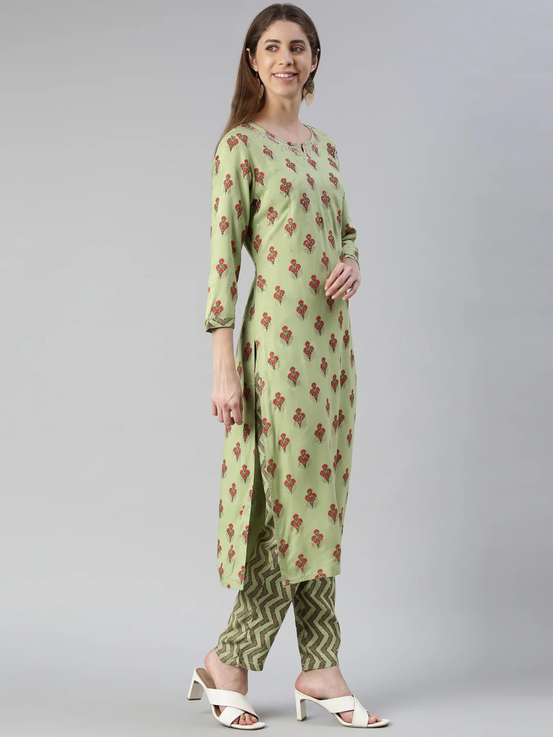 Neerus Women Pista Solid Calf Length Kurta And Trousers - Image 2