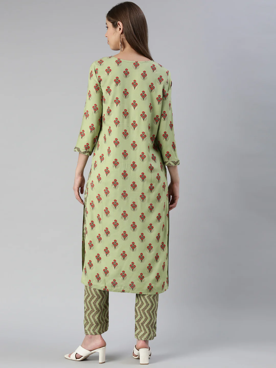 Neerus Women Pista Solid Calf Length Kurta And Trousers - Image 3