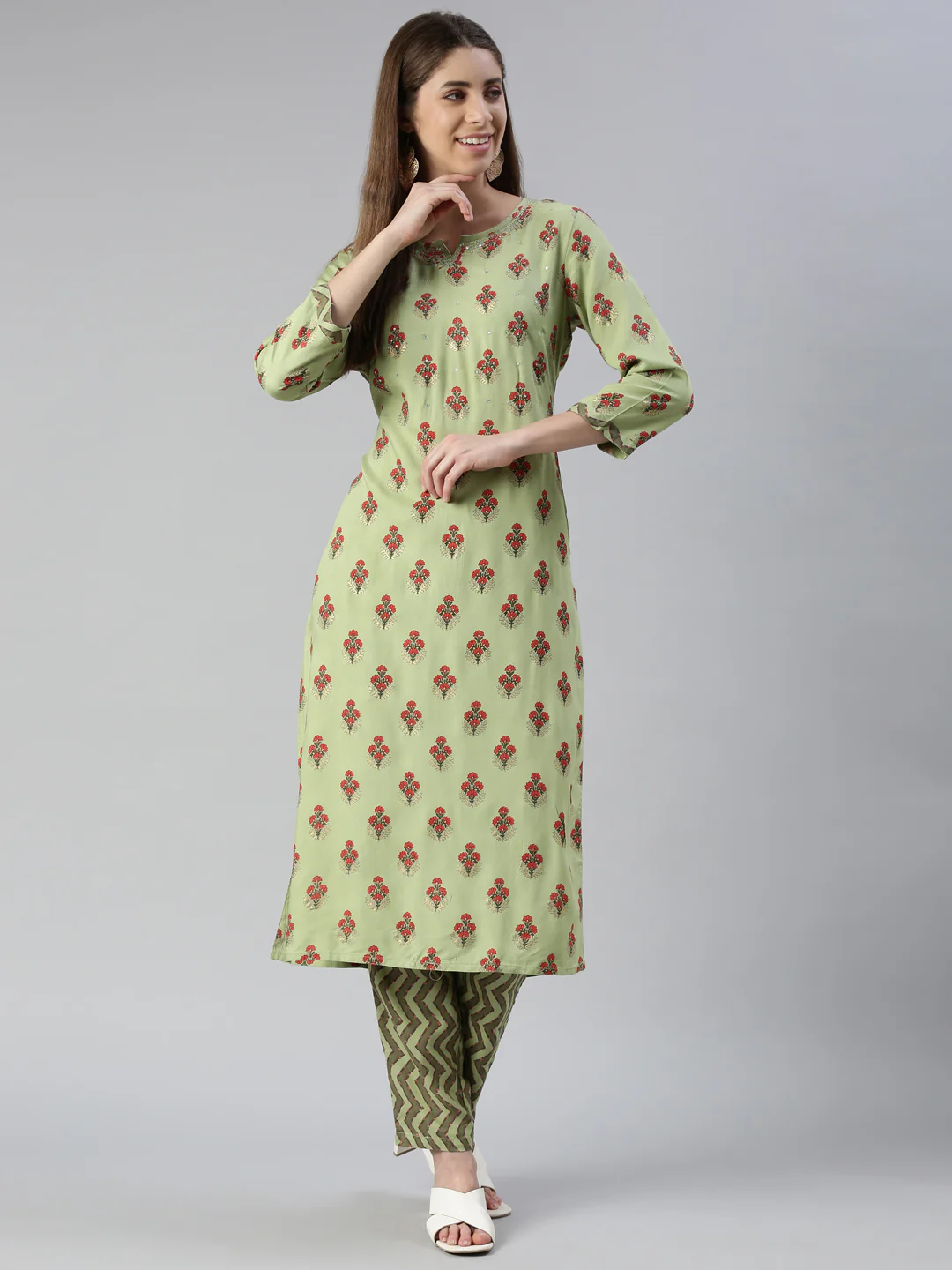 Neerus Women Pista Solid Calf Length Kurta And Trousers - Image 5