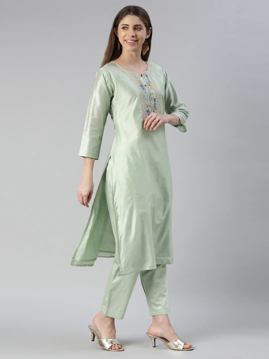 Neerus Women Pista Yoke Design Calf Length Kurta And Trousers With Dupatta - Image 2
