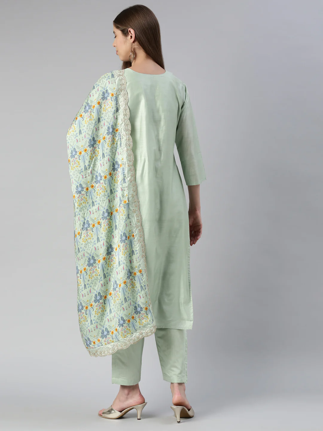 Neerus Women Pista Yoke Design Calf Length Kurta And Trousers With Dupatta - Image 3