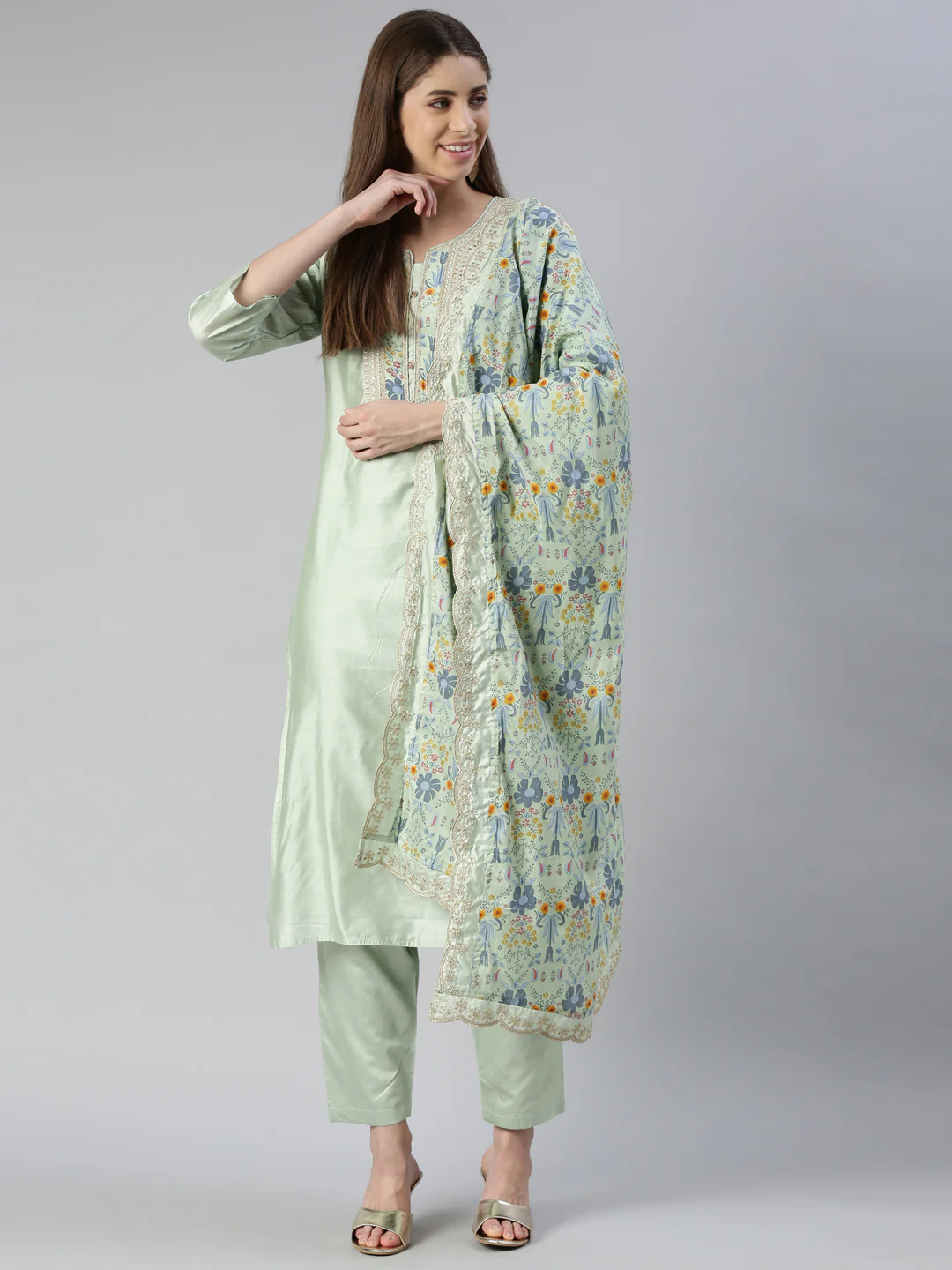 Neerus Women Pista Yoke Design Calf Length Kurta And Trousers With Dupatta - Image 5