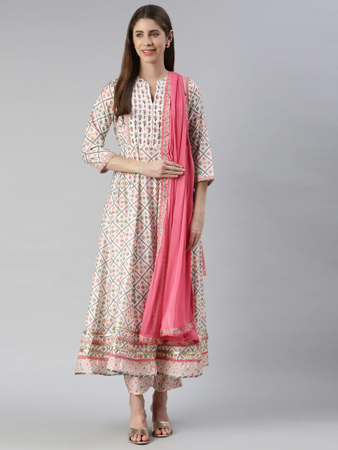 Neerus Women Printed Solid Calf Length Kurta And Trousers With Dupatta - Image 5